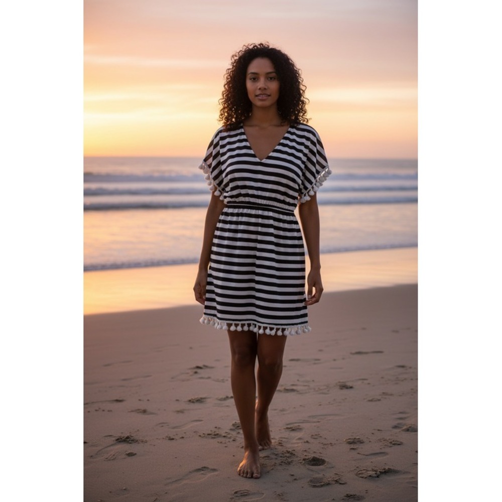 Sail to Sable STS Lined Beach Blue/light Blue Stripe Tassel Trim Size S Coverup - Picture 2 of 4